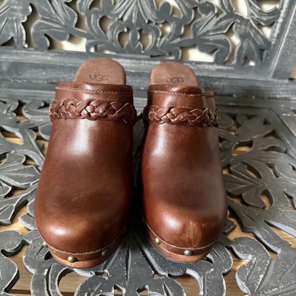UGG Kaylee Leather Platform Clogs Brown Studded Wood Heel Braided Strap Size 7 - Picture 7 of 14